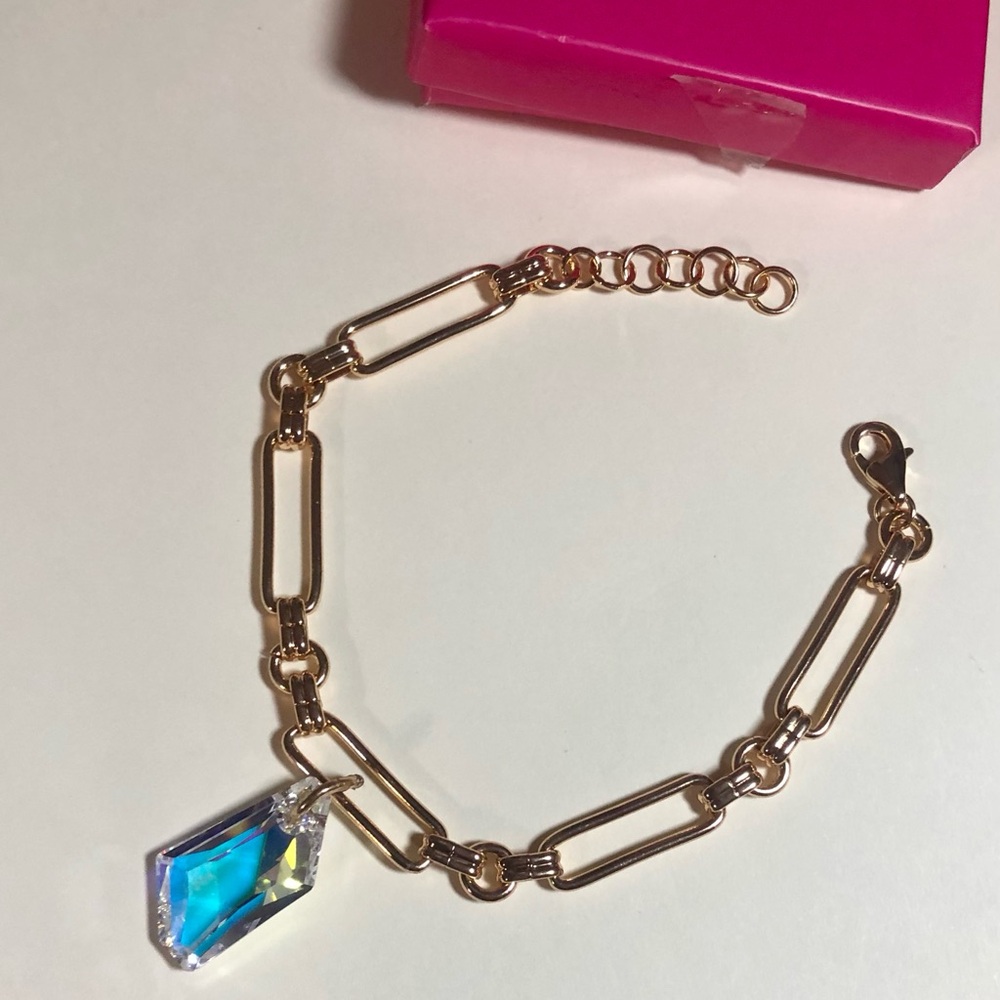 Fettero Gold Tone Paperclip Link Bracelet with Iridescent Gem Charm